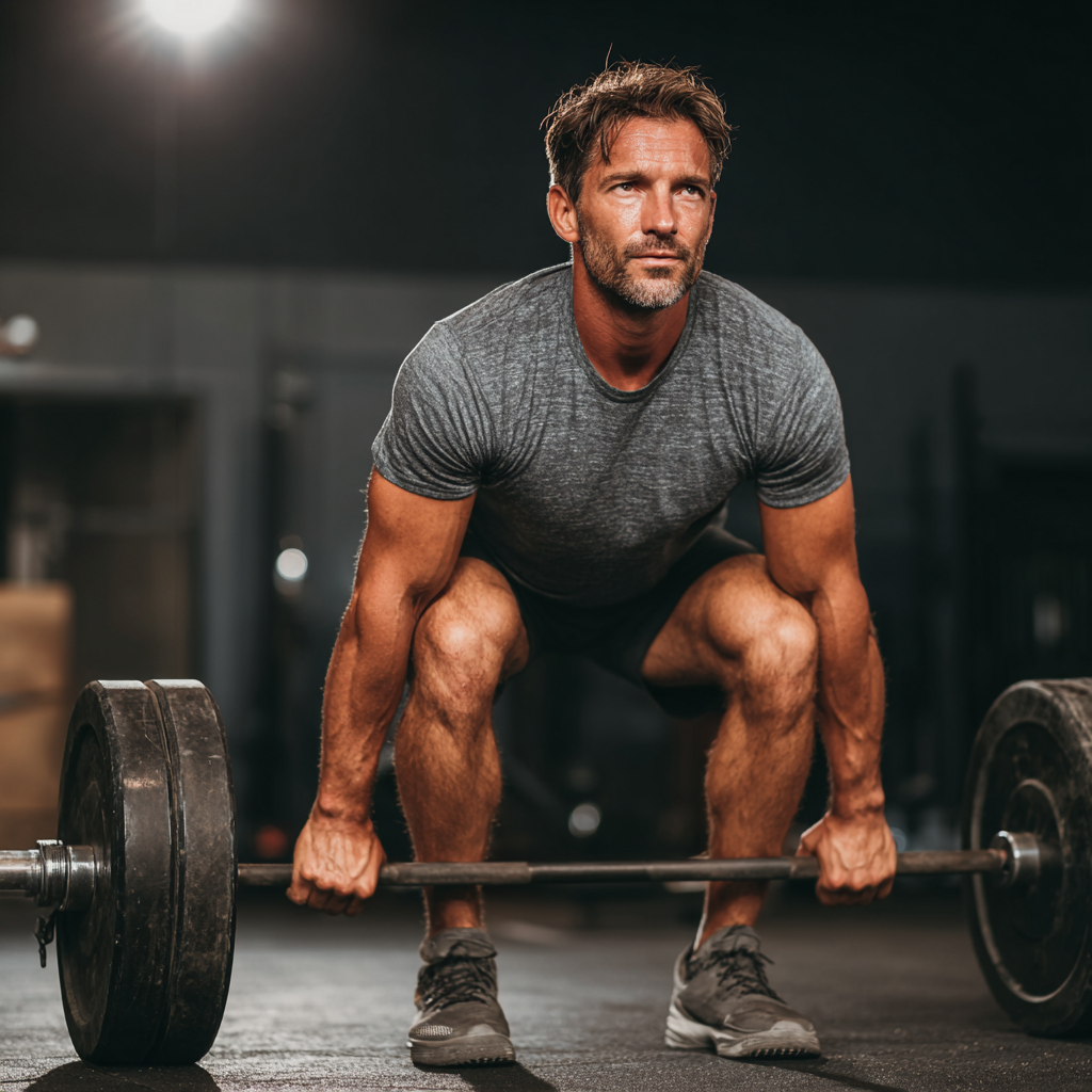 Athletic man in workout gear performing deadlift with perfect form in professional gym setting