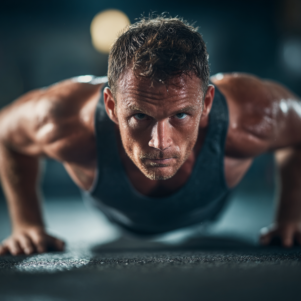 Confident muscular man doing pushups in modern gym with determination and focus