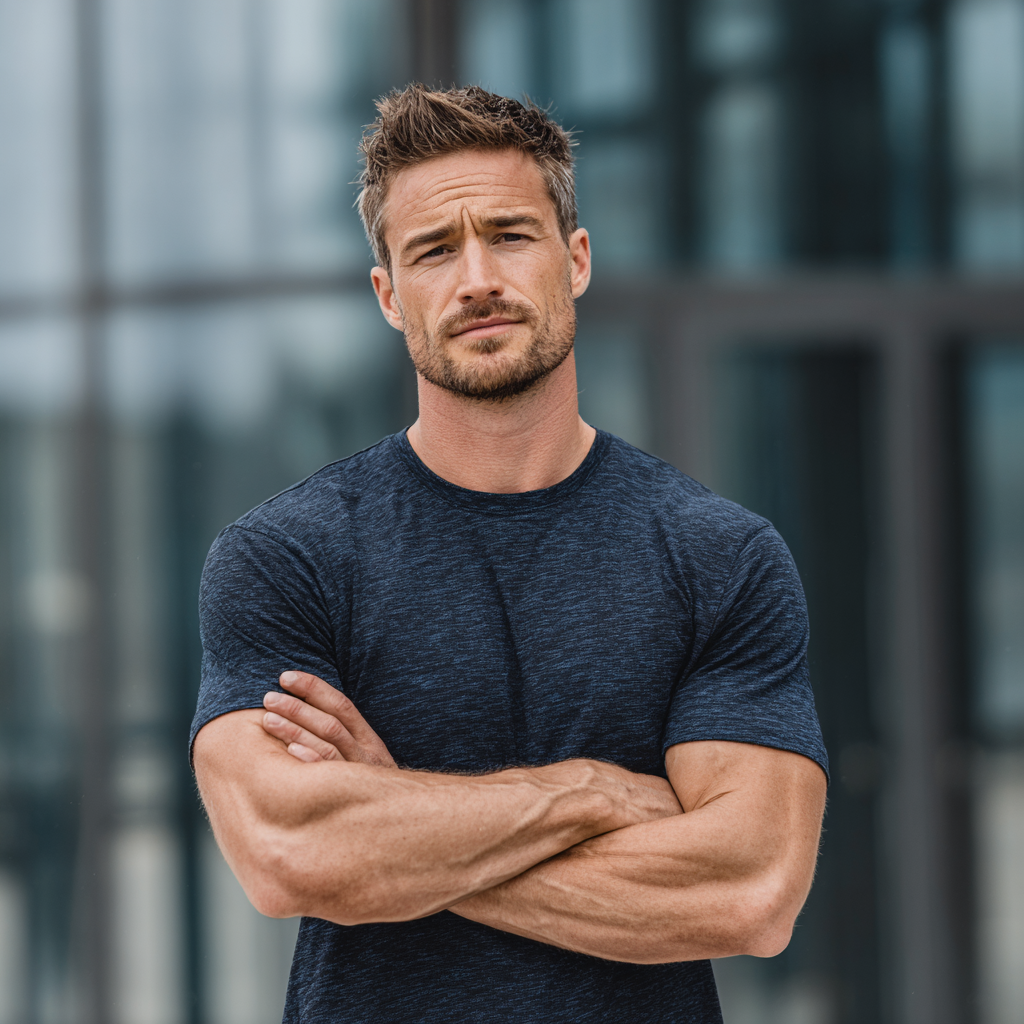 Determined man with strong physique standing confidently with arms crossed in modern urban setting